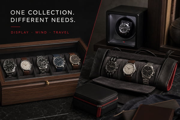 Different watch storage solutions for display winding and travel