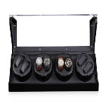 8-watch winder open front view displaying watches across four black winding modules