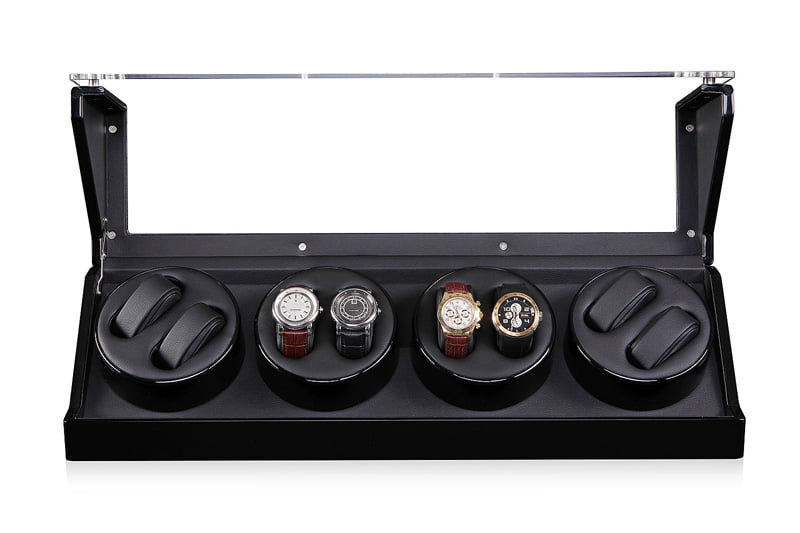 8-watch winder open front view displaying watches across four black winding modules