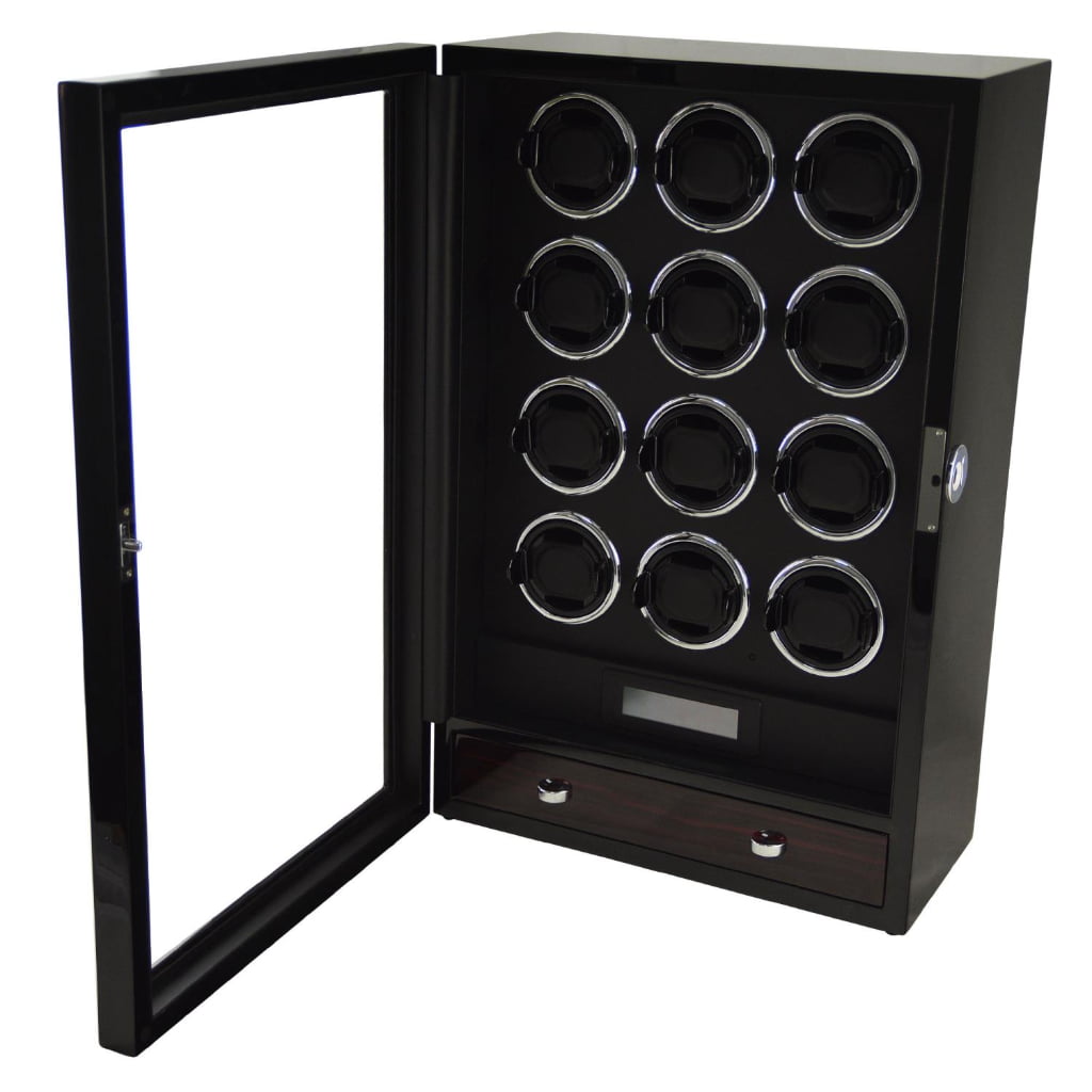 Black 12 Slots Touch Screen Watch Winder with LED Light and Fingerprint Lock