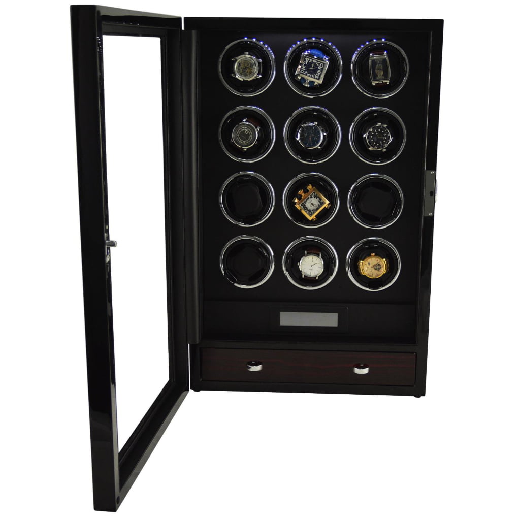 Black 12 Slots Touch Screen Watch Winder with LED Light and Fingerprint Lock
