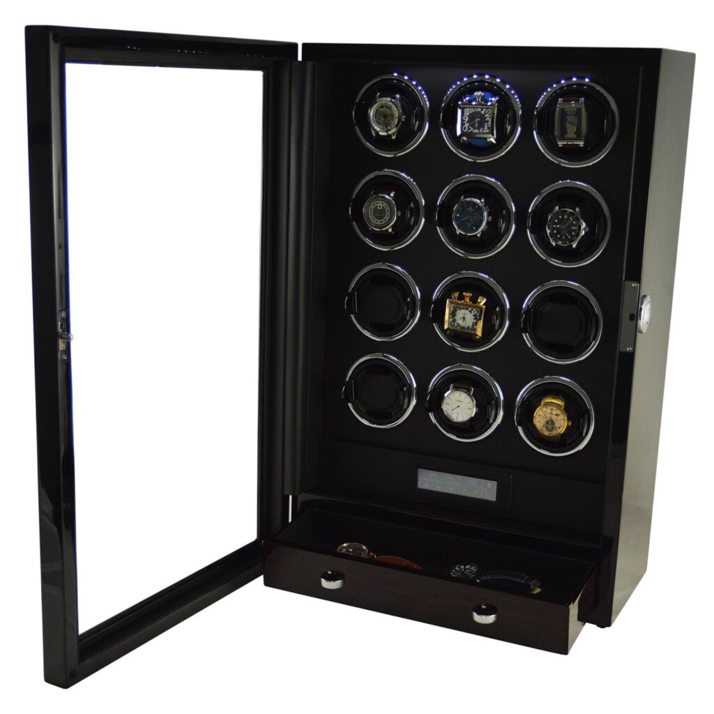 Black 12 Slots Touch Screen Watch Winder with LED Light and Fingerprint Lock
