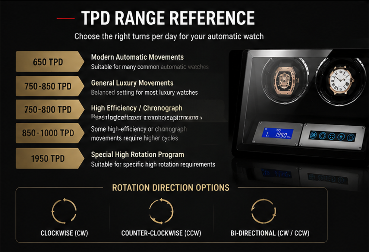 Automatic Watch Winder TPD Range Reference Chart - 650 750 850 1000 1950 TPD