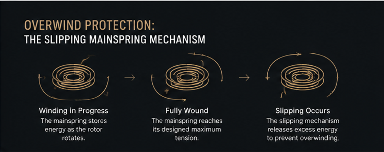 Slipping mainspring mechanism explanation inside an automatic watch