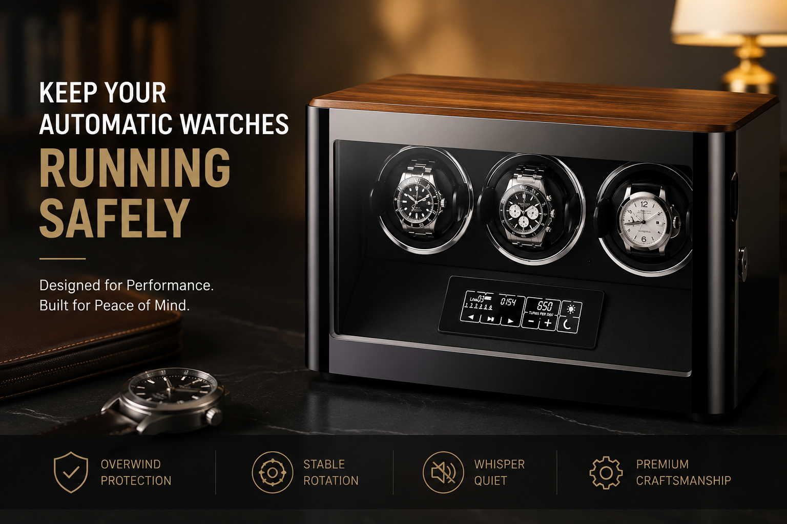 Luxury automatic watch displayed inside a premium watch winder