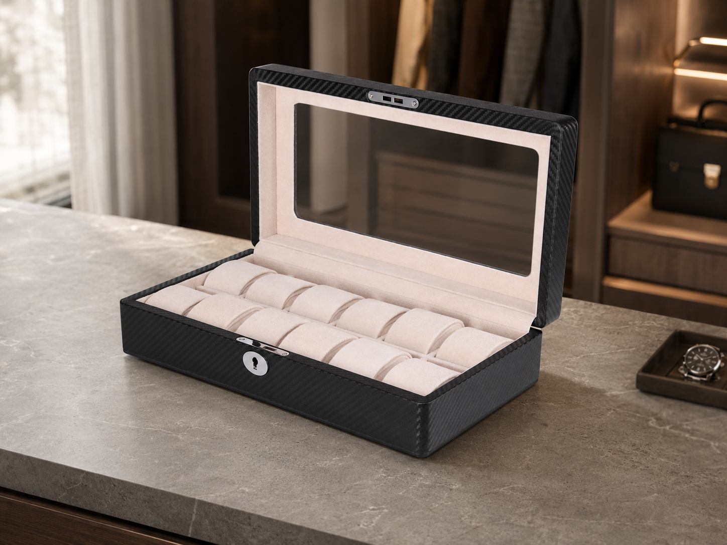 12-Slot Carbon-Fiber-Style Watch Case GC02-TP-12W