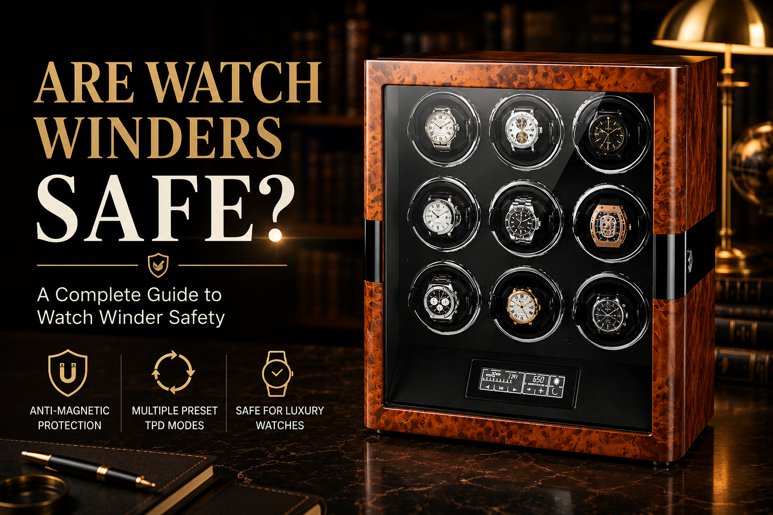 A luxury automatic watch resting securely in a high-quality watch winder with anti-magnetic protection
