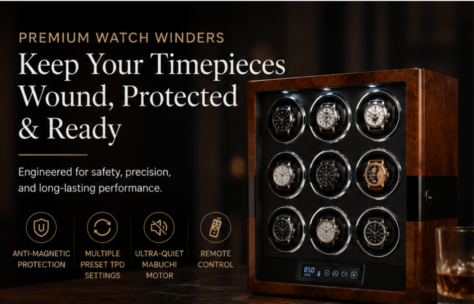 How Quality Watch Winders Protect Luxury Automatic Watches A close-up of a luxury automatic watch dial, symbolizing the precision preserved by quality watch winders
