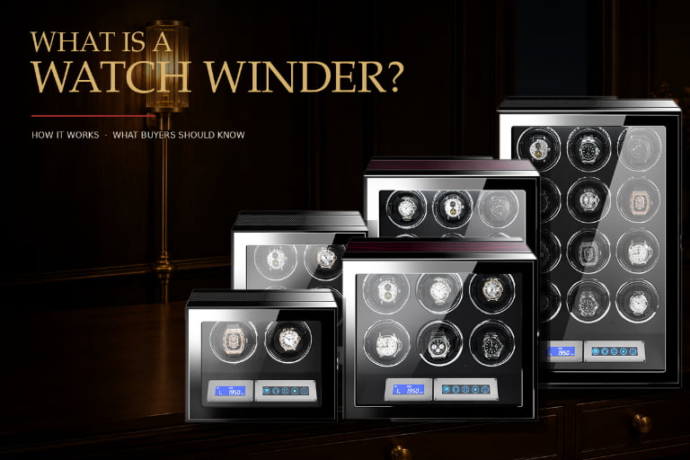 Three-position watch winder illustrating periodic motion and power reserve maintenance