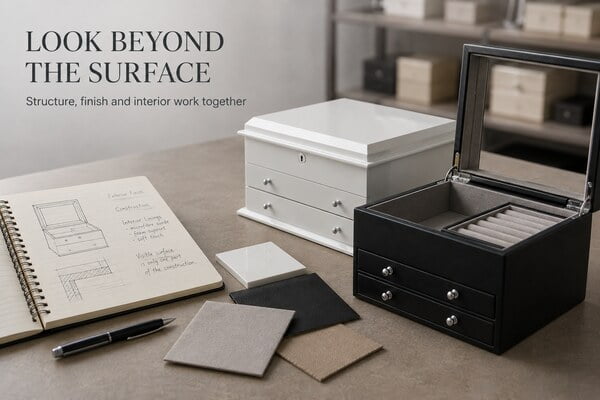 Wooden and leather jewelry boxes compared for brands and retailers