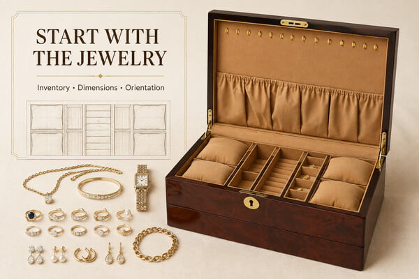 Jewelry inventory prepared before planning jewelry box compartment sizes