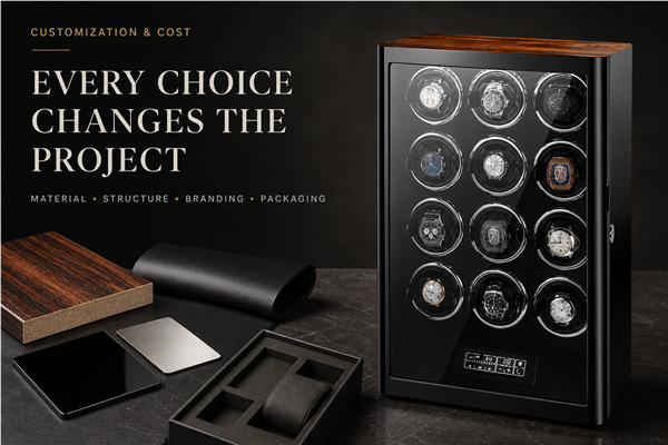 Twelve-position watch winder with MDF, woodgrain, wrapped material, hardware and packaging samples