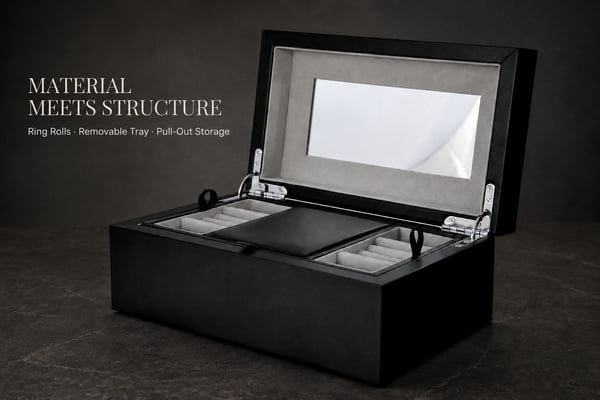 Black two-layer PU leather jewelry box showing removable tray and lined storage structure