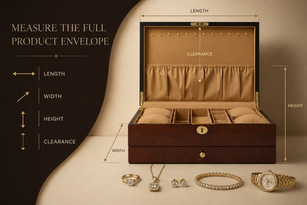 Measuring jewelry length width height and clearance for compartment sizing