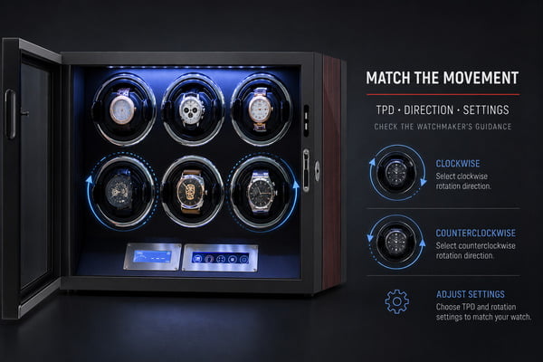 Watch winder with technical specification overlay