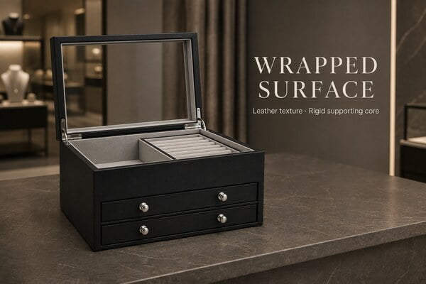 Black PU leather jewelry collection box with grey interior, drawers and mirror