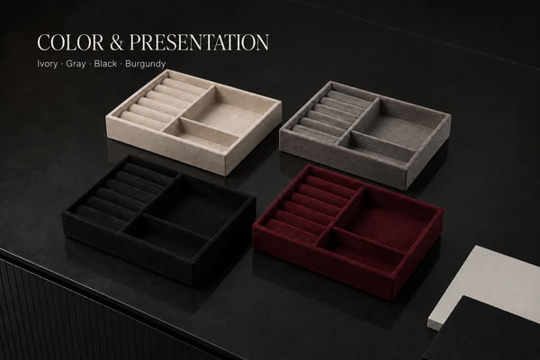 The same jewelry tray shown with ivory, gray, black and burgundy lining colors