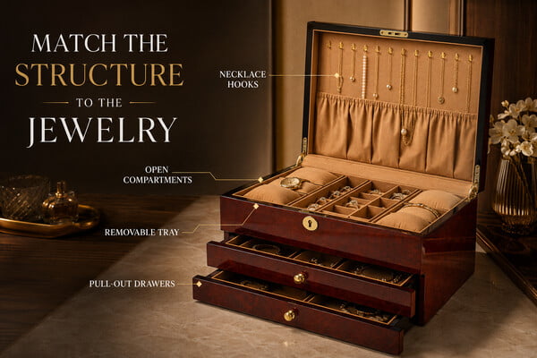 Camphor grain jewelry organizer with necklace hooks compartments and pull-out drawers