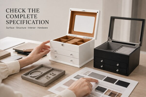 Buyer checking jewelry box surface structure interior and hardware sample