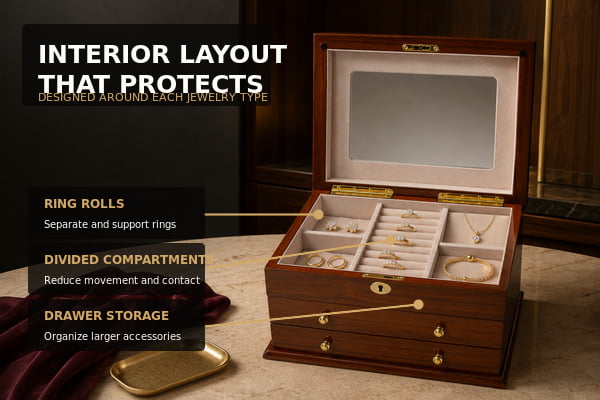 Teakwood-finish jewelry organizer with compartments and drawers