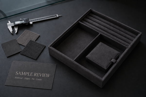 Reviewing jewelry box lining swatches, wrapped corners, dividers and sample dimensions