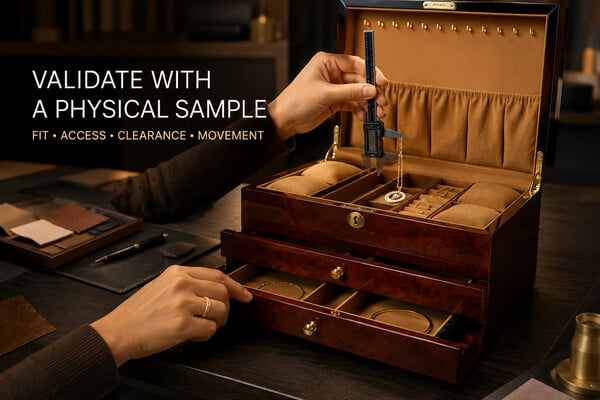 Testing jewelry fit access clearance and movement in a physical jewelry box sample