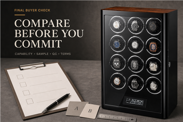 Twelve-position watch winder beside a buyer checklist for comparing manufacturing partners
