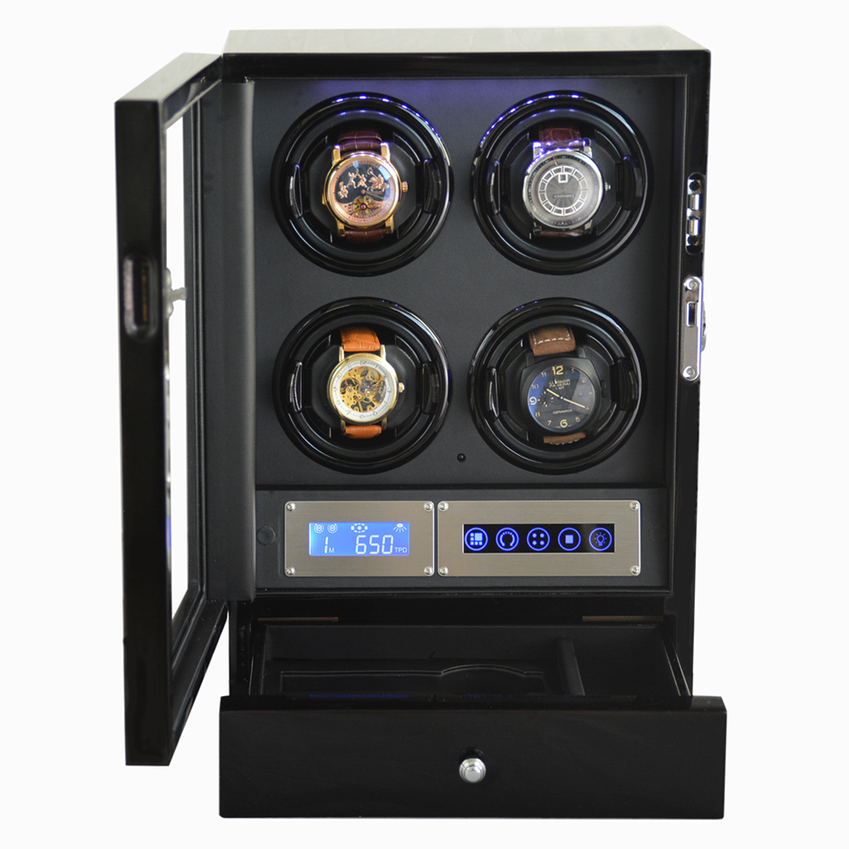 Black four watch winder rear panel with power connection and control switches