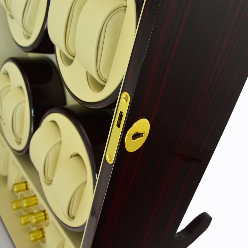 Ebony high-gloss 12 watch winder close-up showing gold-tone hardware lock and beige winding modules