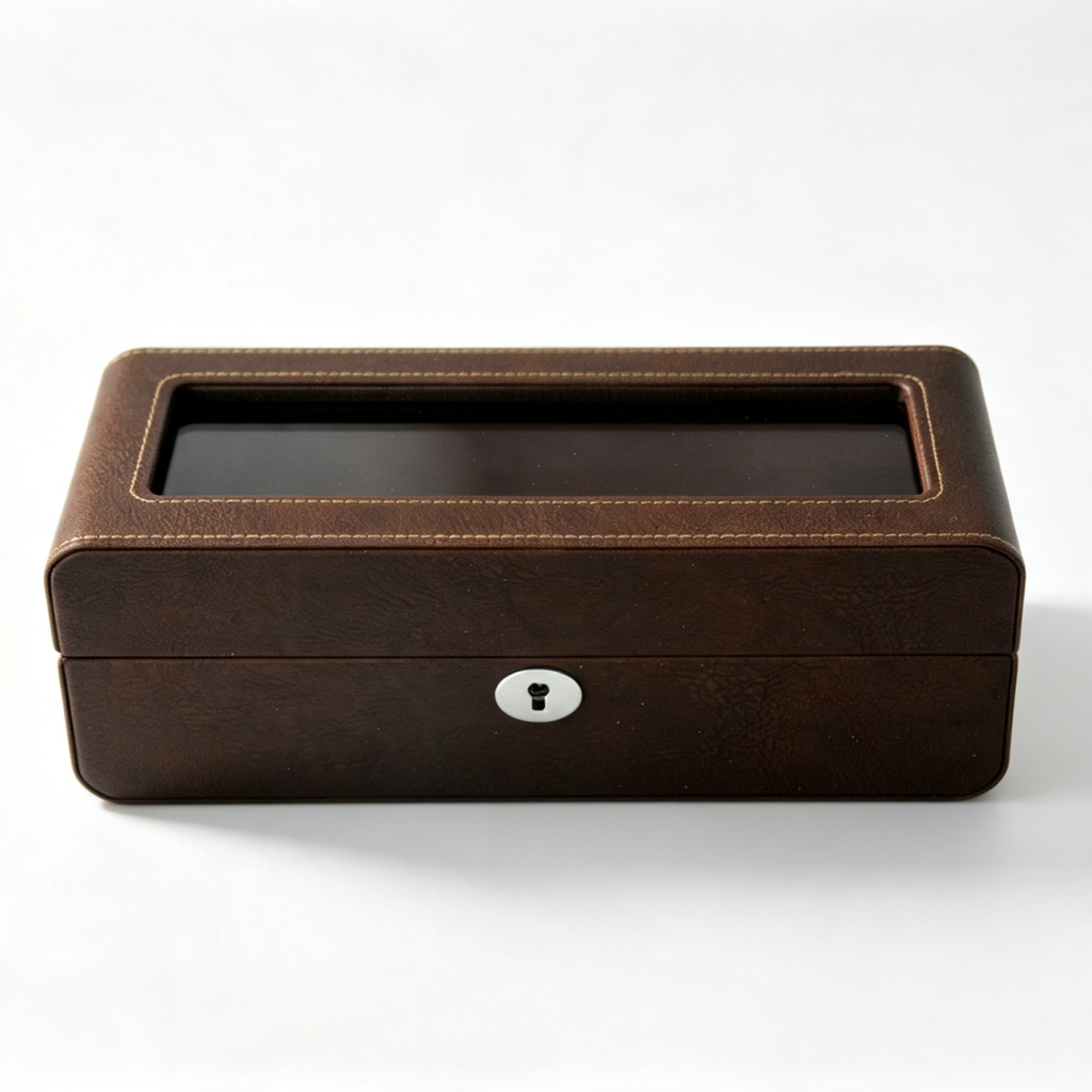 PU Leather Brown 5 Watch Case with Burgundy Velvet Interior