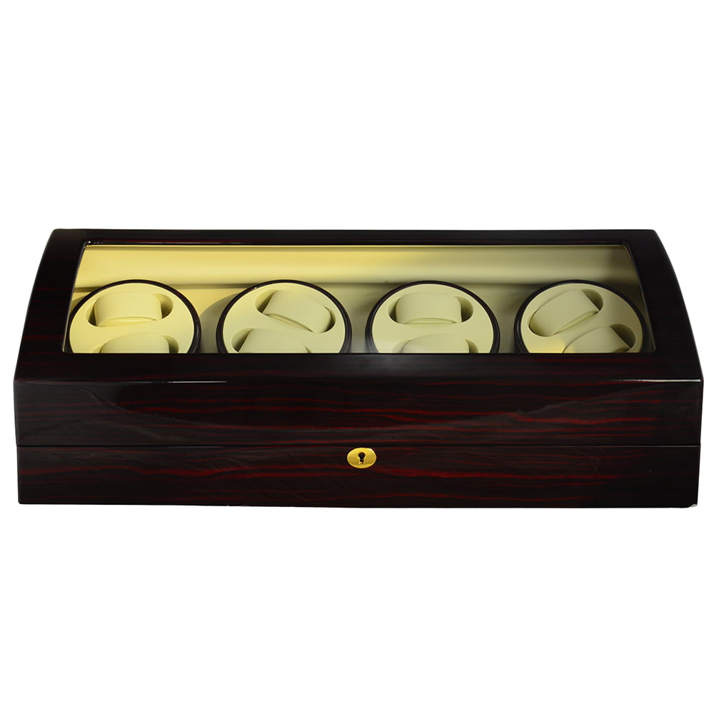 Ebony 8 watch winder with beige cushions, tempered glass window and hardware lock