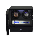 Black dual watch winder displaying two watches with illuminated touchscreen and LED light