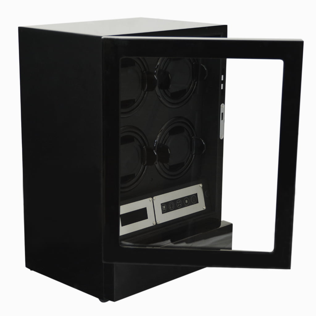Black four watch winder with touchscreen controls, LED light and open storage drawer