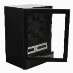 Black four watch winder with touchscreen controls, LED light and open storage drawer