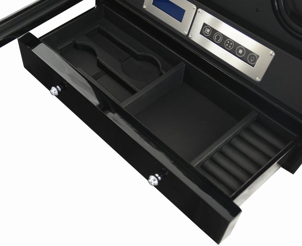Black six watch winder with open divided storage drawer and touchscreen control panel