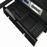 Black six watch winder with open divided storage drawer and touchscreen control panel