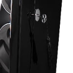 Black high-gloss watch winder close-up showing hardware lock with key and tassel
