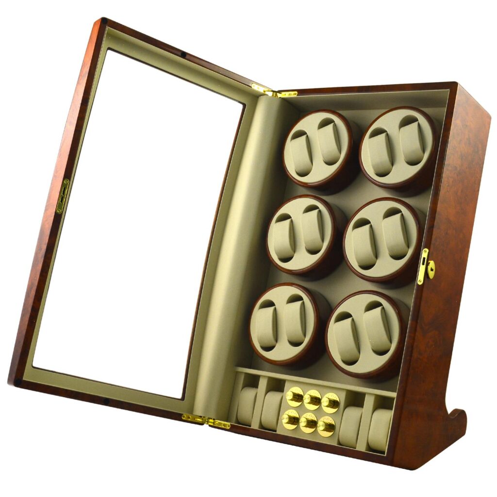 Rear view of high-gloss deep yellow watch winder cabinet with power switch and power connection