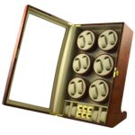Rear view of high-gloss deep yellow watch winder cabinet with power switch and power connection