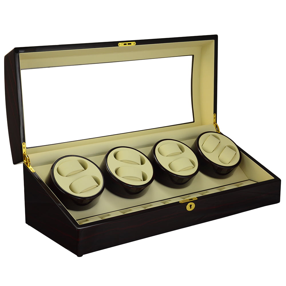 Open ebony 8 watch winder with four dual-watch modules and beige PU leather-wrapped interior