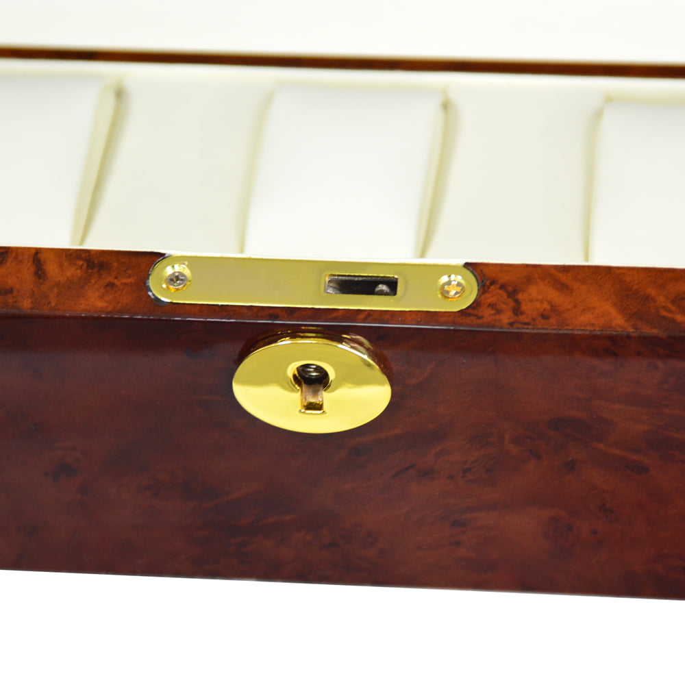 High-gloss watch winder with gold-tone standard hardware lock and beige interior
