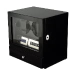 Black high-gloss dual watch winder with tempered glass door and lower storage drawer