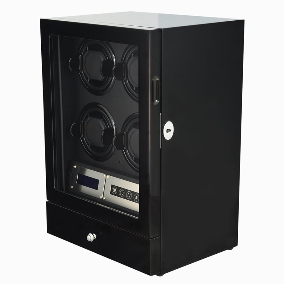Black high-gloss four watch winder with tempered glass door, hardware lock and lower drawer