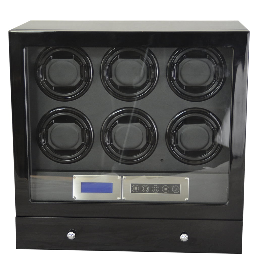 Black high-gloss six watch winder with tempered glass display window and touchscreen controls