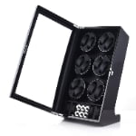Black 12 watch winder with open tempered glass door, six dual-watch winding modules and lower storage positions