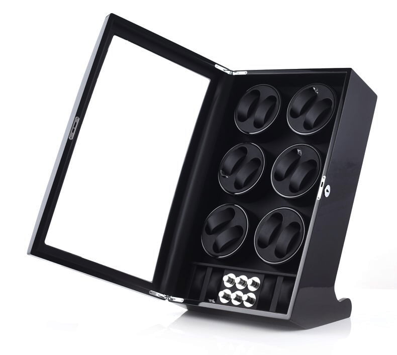 Black 12 watch winder with open tempered glass door, six dual-watch winding modules and lower storage positions