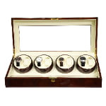 Open 8 watch winder with four dual-watch modules, beige interior and tempered glass lid