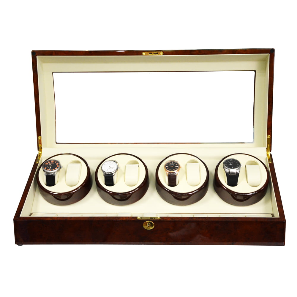 Open 8 watch winder with four dual-watch modules, beige interior and tempered glass lid