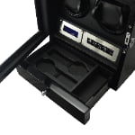 Dual watch winder with open lower storage drawer and touchscreen control panel