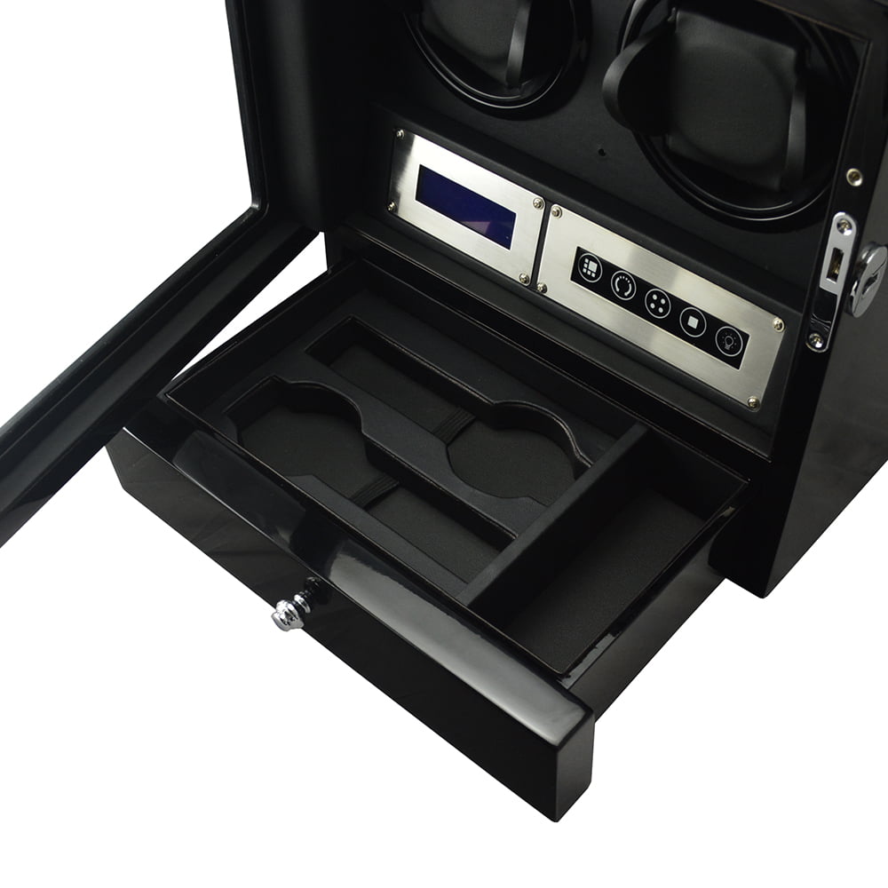 Dual watch winder with open lower storage drawer and touchscreen control panel